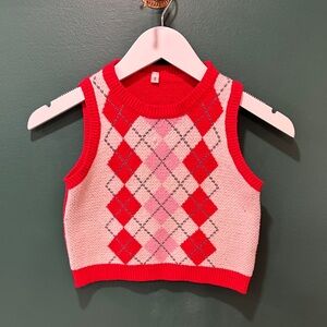 Argyle Knit Crop Tank Top in Red and Pink